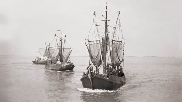 The North Sea shrimp cutter „ARM-13 de kleine Leen“ owned by Johannes van Belzen in the harbour of Veere (Zeeland) in 1956